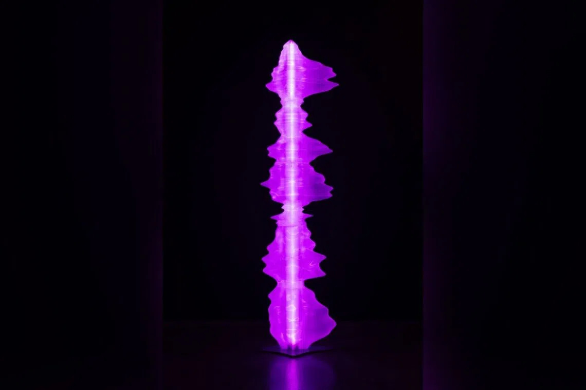 The 170cm tall sculpture cast in resin and steel is lit from within by LEDs.