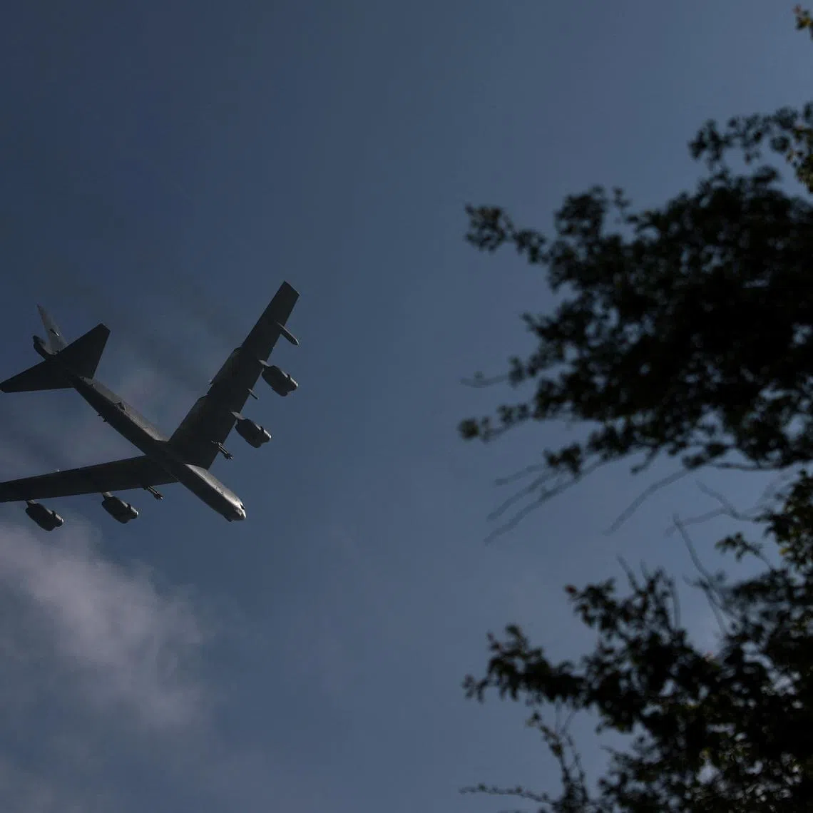 FILE PHOTO: A Boeing B‑52 Stratofortress aircraft takes off from RAF Fairford airbase, which hosts United States Air Force (USAF) personnel, amid a ceasefire between the United States and Iran, in Fairford, Gloucestershire, Britain, April 23, 2026. REUTERS/Hannah McKay/ File Photo
