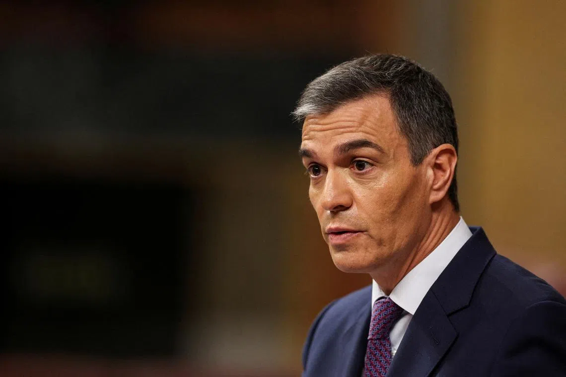 FILE PHOTO: Spanish Prime Minister Pedro Sanchez speaks during a plenary session of the lower house of the Spanish parliament, in Madrid, Spain, May 22, 2024. REUTERS/Violeta Santos Moura/File Photo