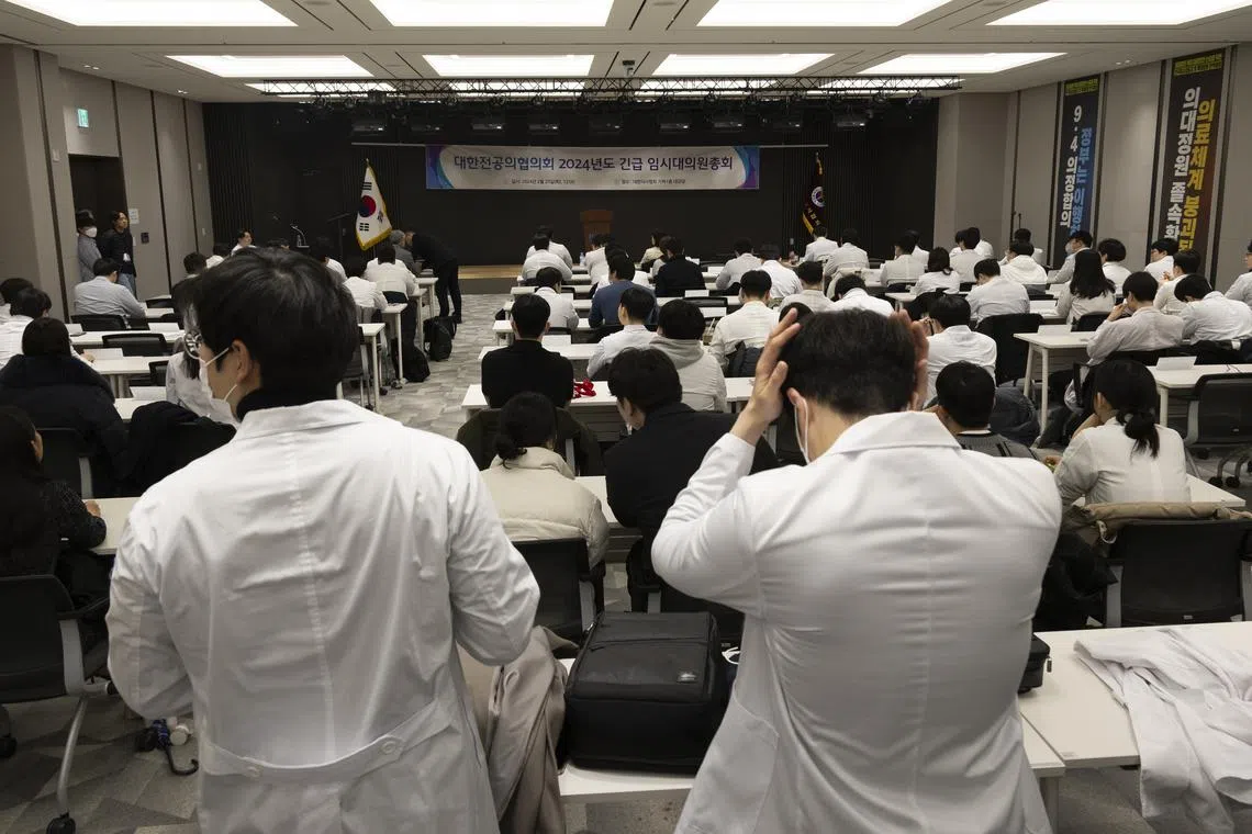 Trainee doctors attend an emergency meeting at the headquarters of the Korean Medical Association in Seoul, on Feb 20.