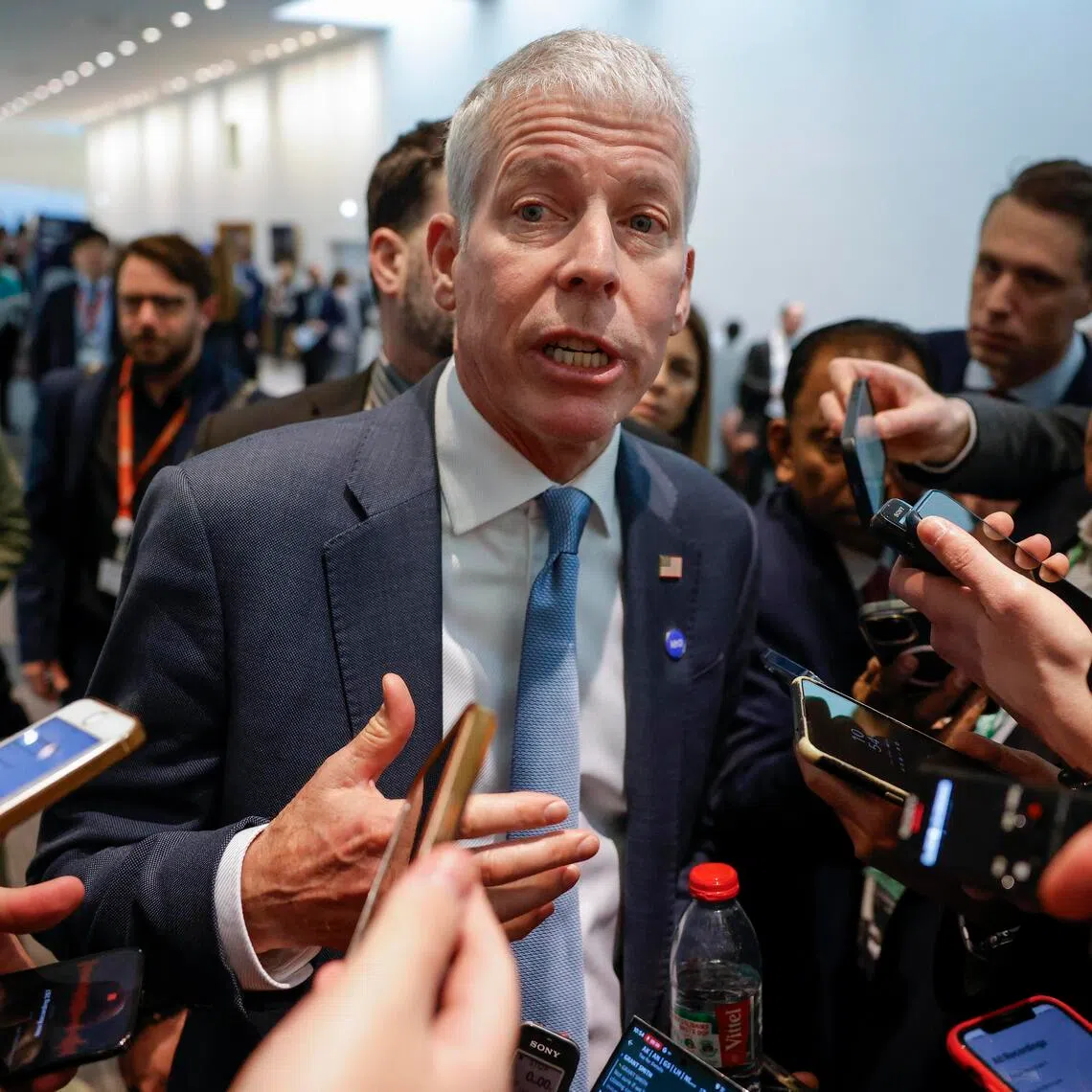 US Energy Secretary Chris Wright - a former fracking executive - addressing journalists at  the IEA ministerial meeting in Paris on Feb 18.