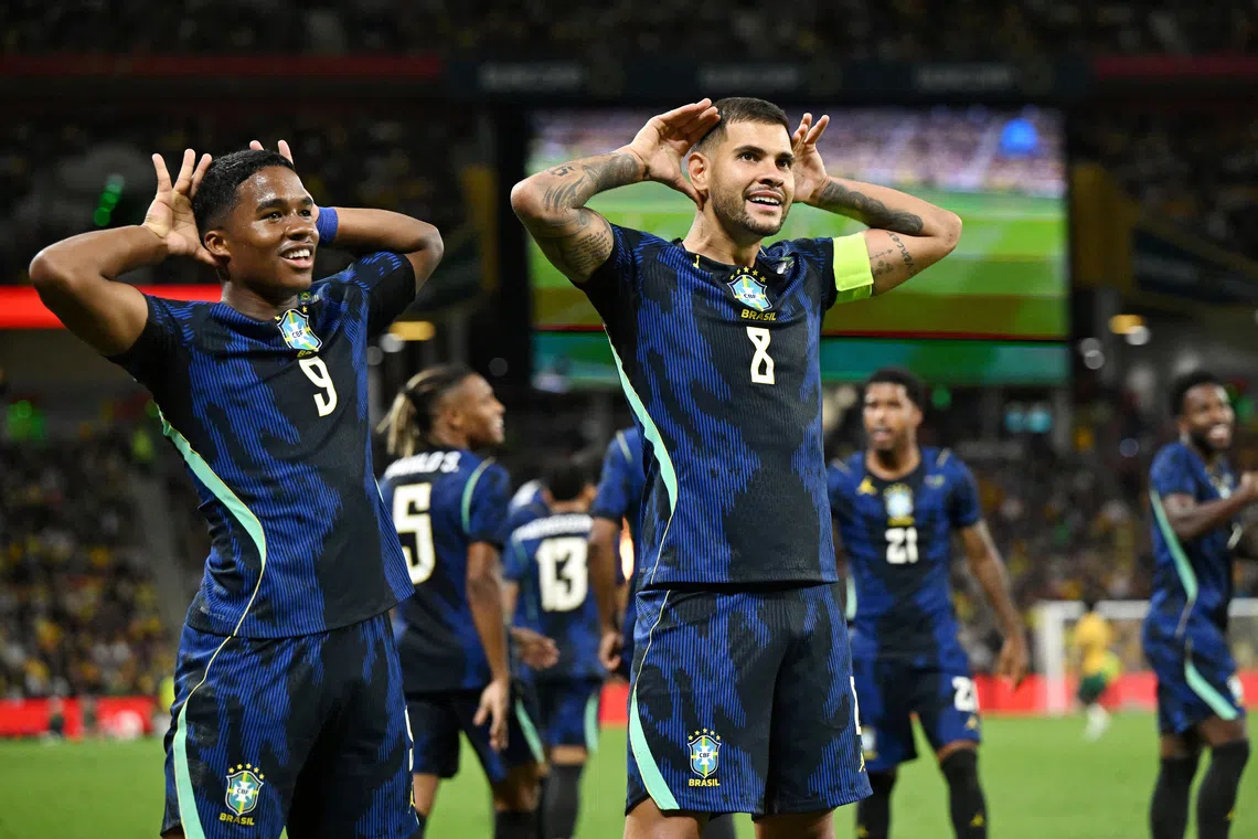 Soccer Football - International Friendly - Australia v Brazil - Suncorp Stadium, Brisbane, Australia - September 29, 2026 Brazil's Bruno Guimaraes celebrates scoring their third goal with Endrick DARREN ENGLAND/AAP Image via REUTERS