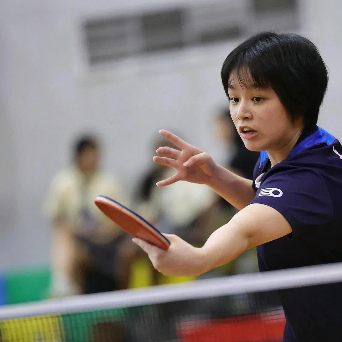 Zhang Yihan of Nanyang Girls’ High School in action against Xu Weiran of Raffles Girls’ School during the girls’ C division table tennis final at Pasir Ris Sports Hall on Aug 6.