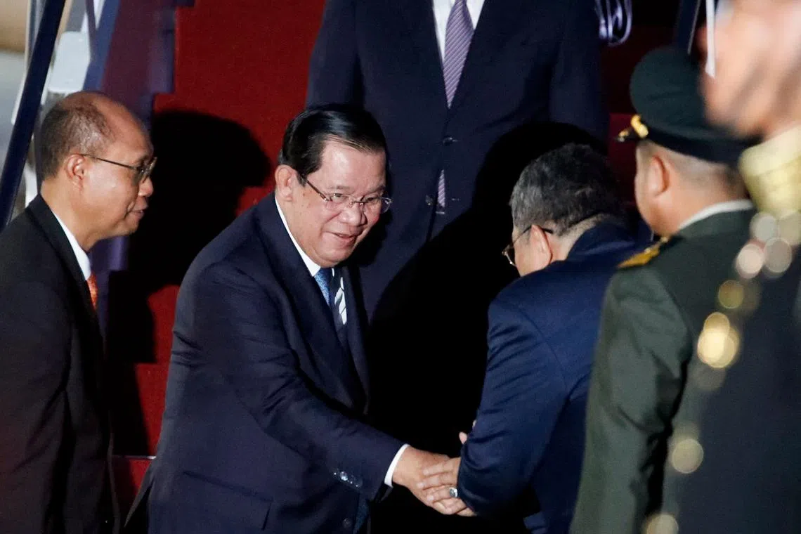 Cambodia's PM Hun Sen arrives at Ngurah Rai International Airport ahead of the G20 Summit in Bali, Indonesia, on Nov 14, 2022. 