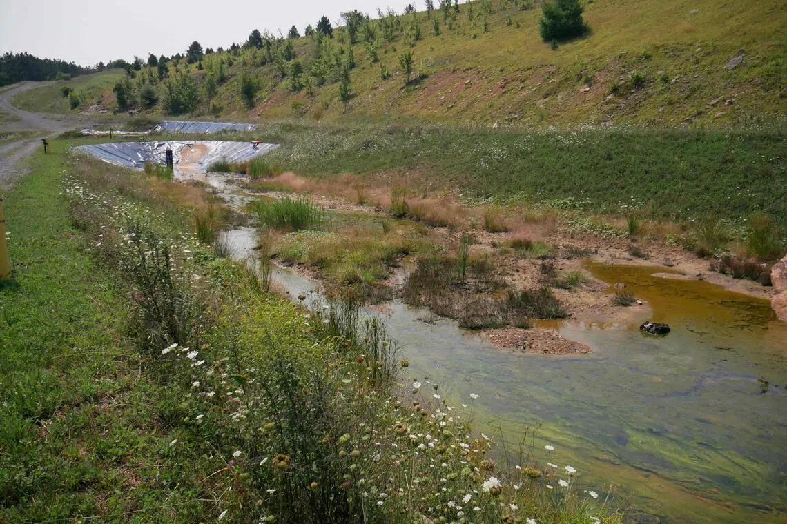 A basin collects polluted water flowing from a former coal mine at West Virginia University’s pilot plant in Mount Storm, West Virginia, on Aug 12.