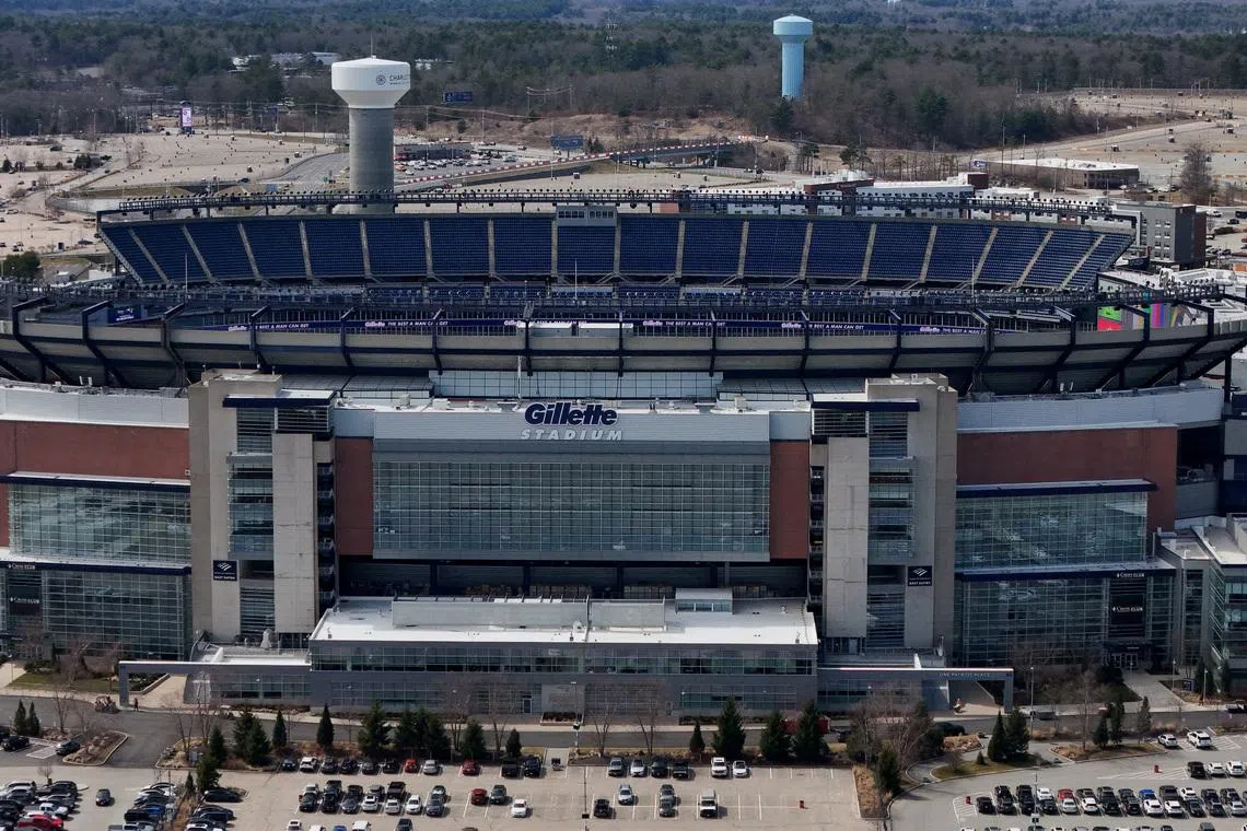 FILE PHOTO: A drone view shows Gillette Stadium, which will be called Boston Stadium when it hosts games in the 2026 FIFA World Cup, in Foxborough, Massachusetts, U.S., March 25, 2026.   REUTERS/Brian Snyder/File Photo