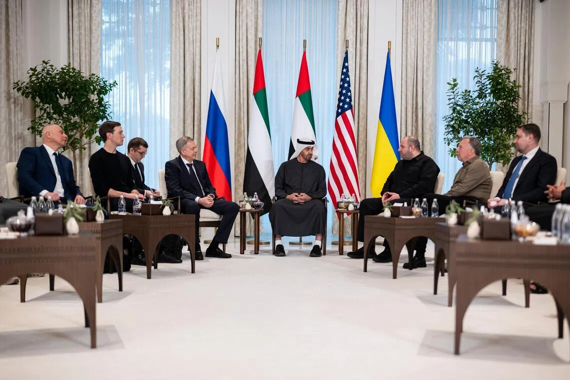 Negotiators from Russia, Ukraine and the US meeting in Abu Dhabi on Jan 23.