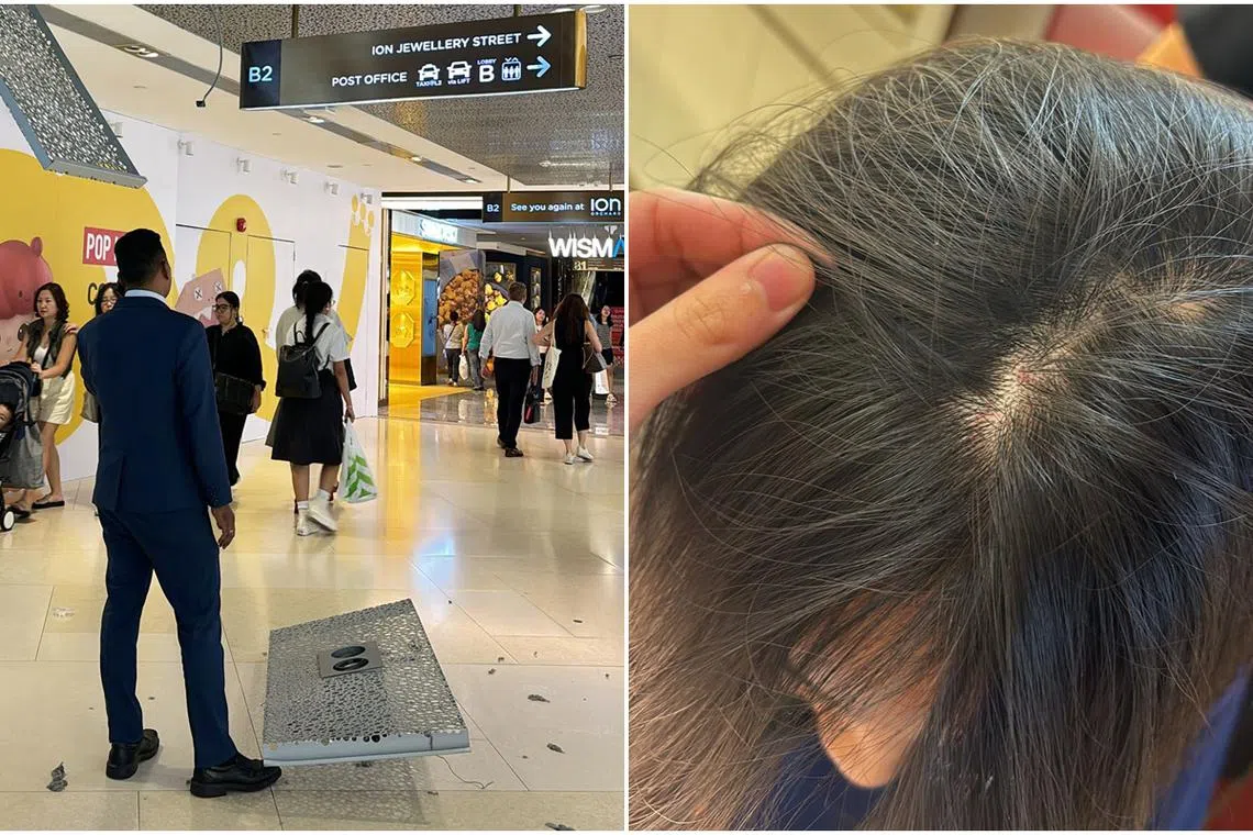 A 24-year-old woman sustained minor injuries after a ceiling panel in Basement 2 of Ion Orchard fell on her.