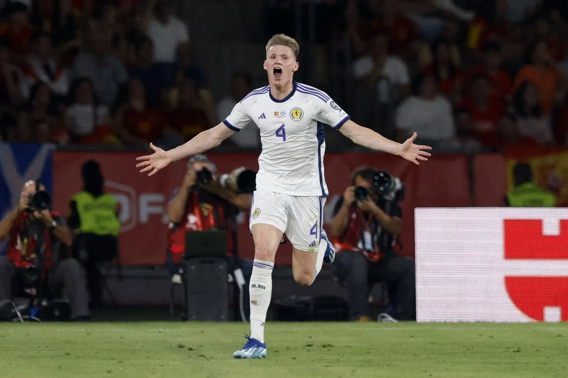 FILE PHOTO: Soccer Football - Euro 2024 Qualifier - Group A - Spain v Scotland - Estadio de La Cartuja, Seville, Spain - October 12, 2023 Scotland's Scott McTominay celebrates scoring their first goal before it is disallowed after a VAR review REUTERS/Marcelo Del Pozo/File Photo
