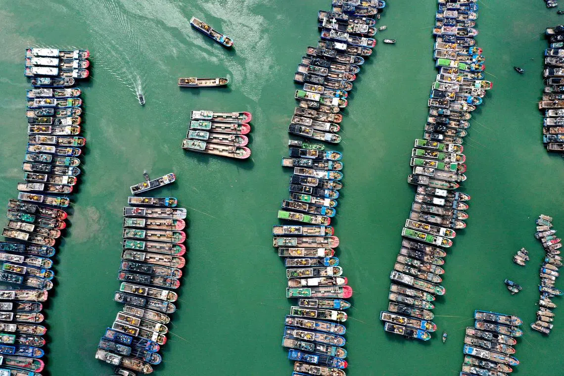 A drone view shows fishing boats being moored at a port as Typhoon Gaemi approaches, in Lianjiang county of Fuzhou, Fujian province, China July 23, 2024. China Daily via REUTERS