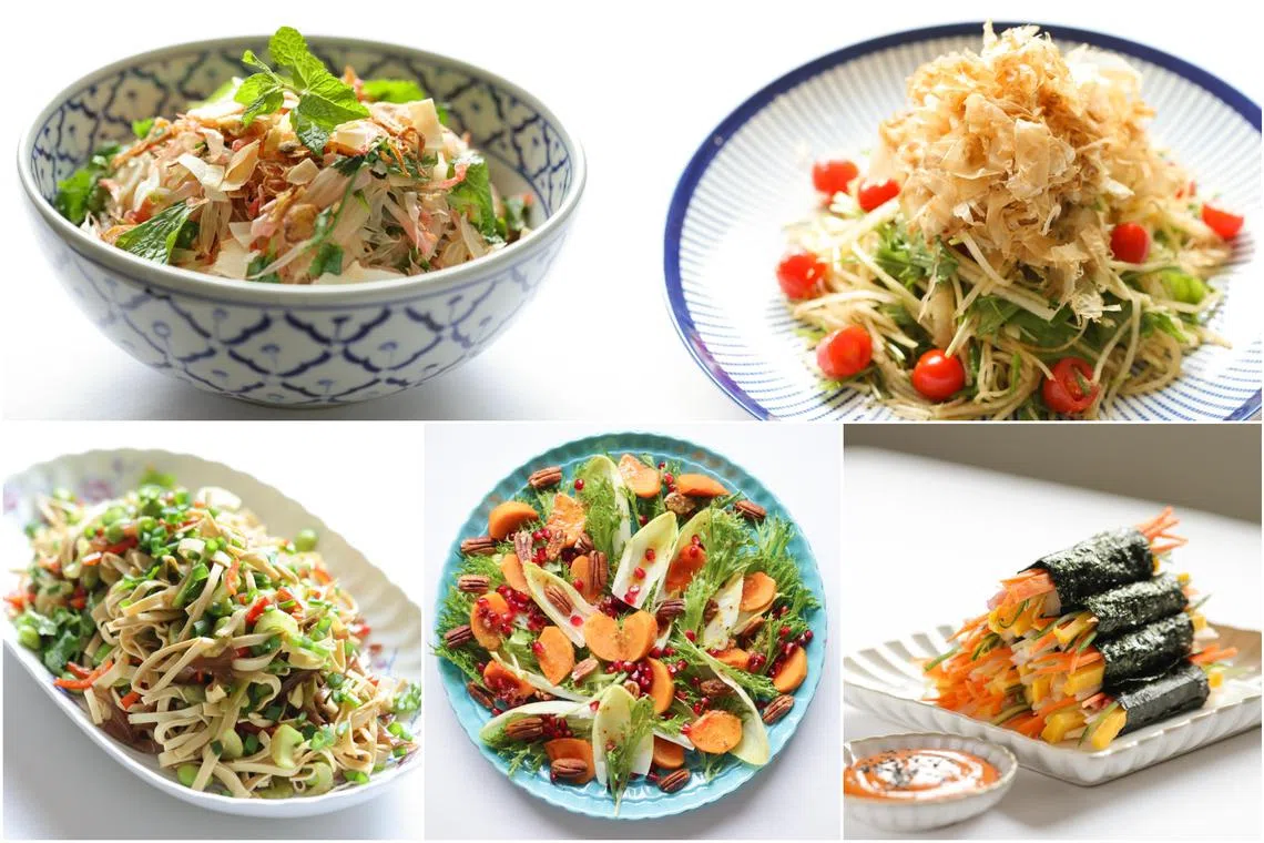 (Clockwise from top left) Pomelo salad, Daikon salad, No Bap Kimbap, Persimmon salad and Baiye salad.