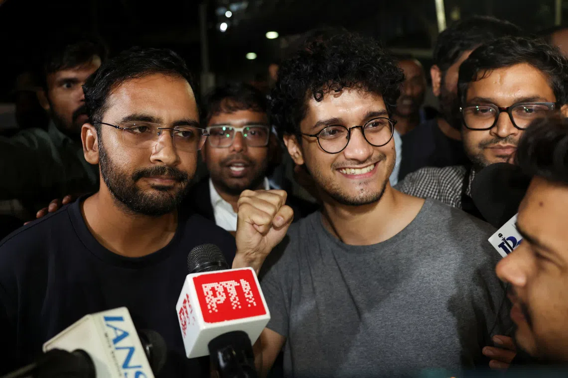 India’s Cockroach Janta Party leaders Saurav Das and Ashutosh Ranka speak to the media upon their release after more than a week in police custody, in New Delhi on Oct 21.
