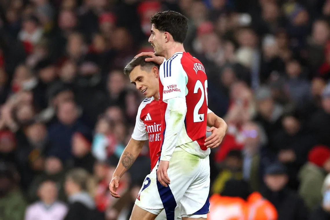 Arsenal's Kai Havertz celebrates scoring what turned out to be their only goal of the match with Leandro Trossard.