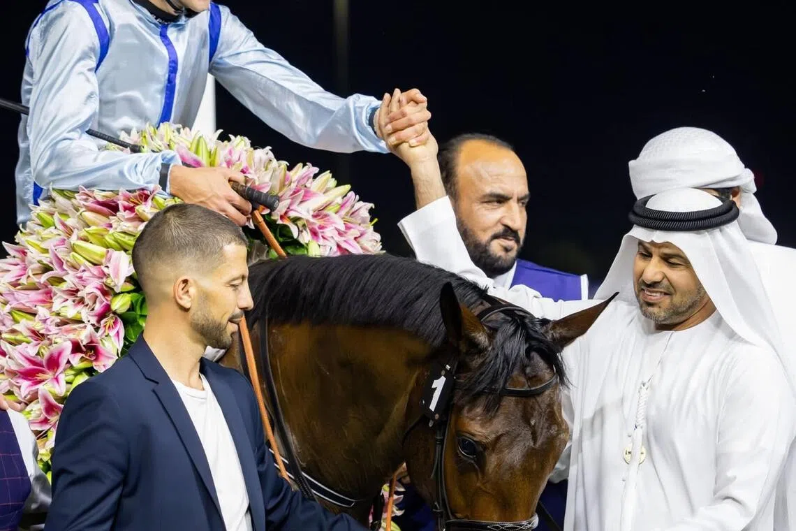 Bernardo Pinheiro coming back to scale on Labwah after winning the Group 3 UAE Oaks (1,900m) on Feb 20. It was one of 44 victories that took the Brazilian jockey  to a third place on the 2025-2026 Dubai jockeys' premiership.

PHOTO: DUBAI RACING CLUB