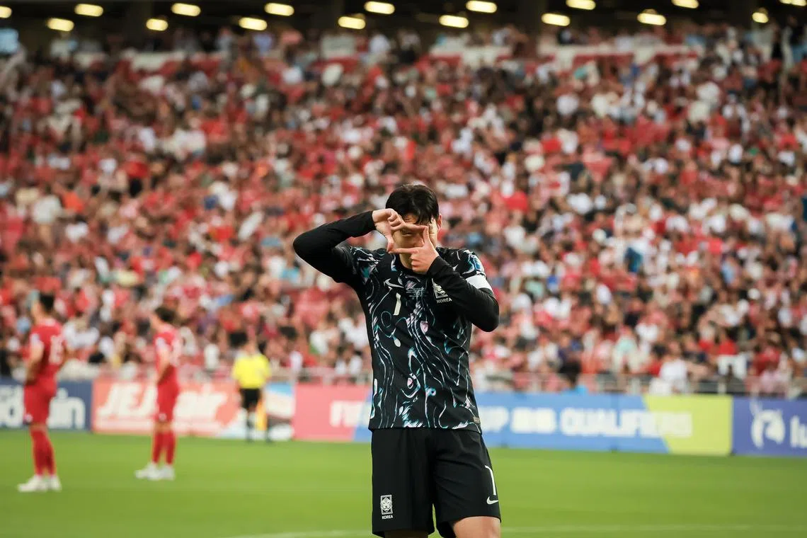 South Korea’s Son Heung Min (7, black) celebrate after scoring a goal against Singapore at the FIFA World Cup 2026 qualifier match held at the National Stadium on June 6, 2024.