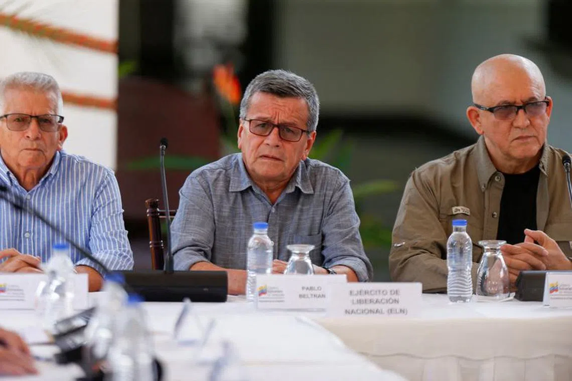 FILE PHOTO: Colombia's National Liberation Army (ELN) commanders Pablo Beltran and Antonio Garcia attend a news conference, in Caracas, Venezuela October 4, 2022. REUTERS/Leonardo Fernandez Viloria/File Photo