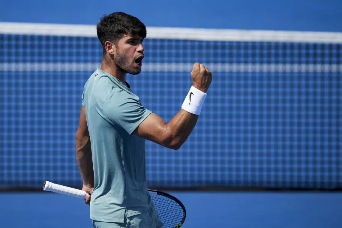 Carlos Alcaraz reacts after returning a shot against Andrey Rublev during the Cincinnati Open at the Lindner Family Tennis Center.