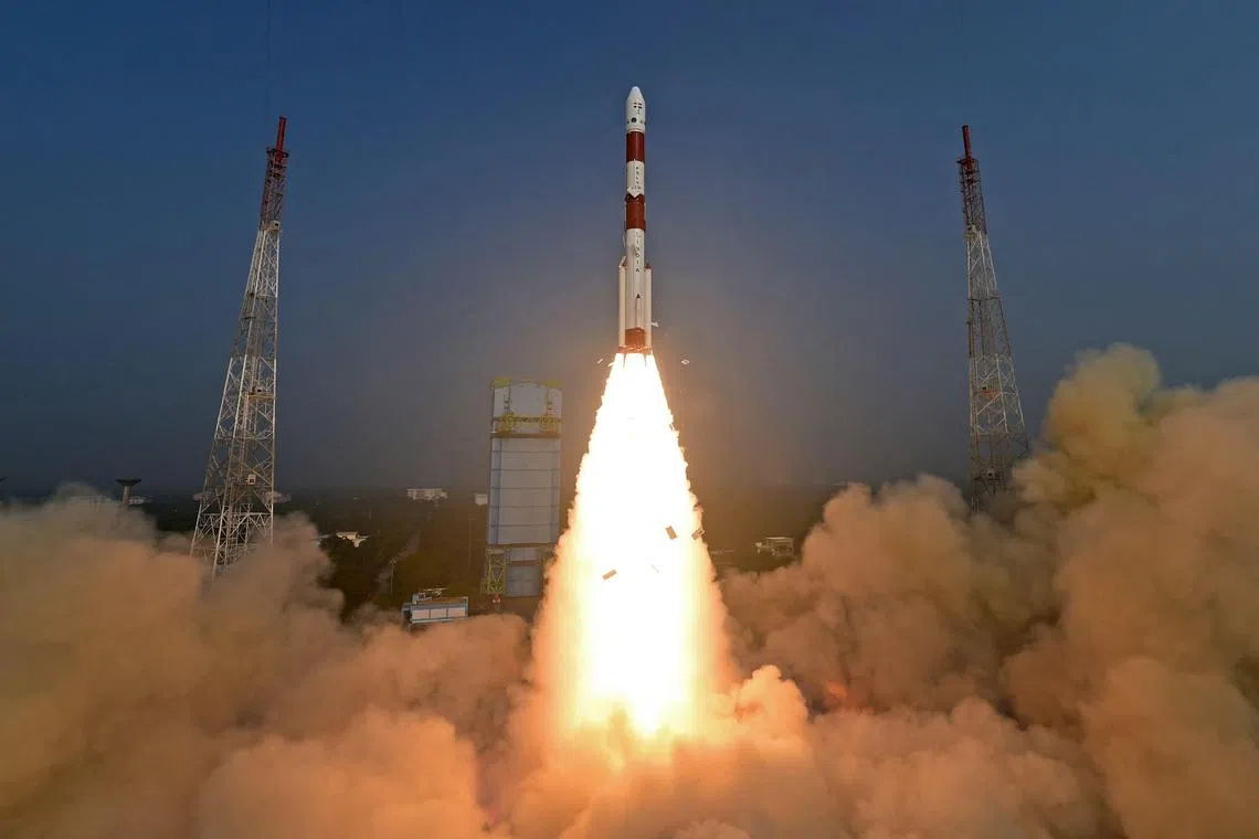 The PSLV-C58 rocket carrying the X-ray Polarimeter Satellite from the Satish Dhawan Space Centre in Sriharikota.