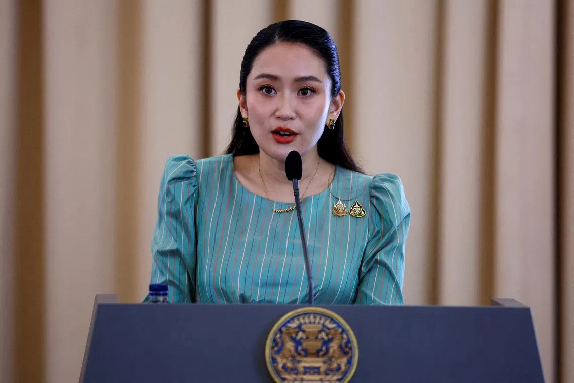 FILE PHOTO: Thailand's Prime Minister Paetongtarn Shinawatra speaks during a press conference at the Government House, in Bangkok, Thailand, May 19, 2025. REUTERS/Athit Perawongmetha/File Photo