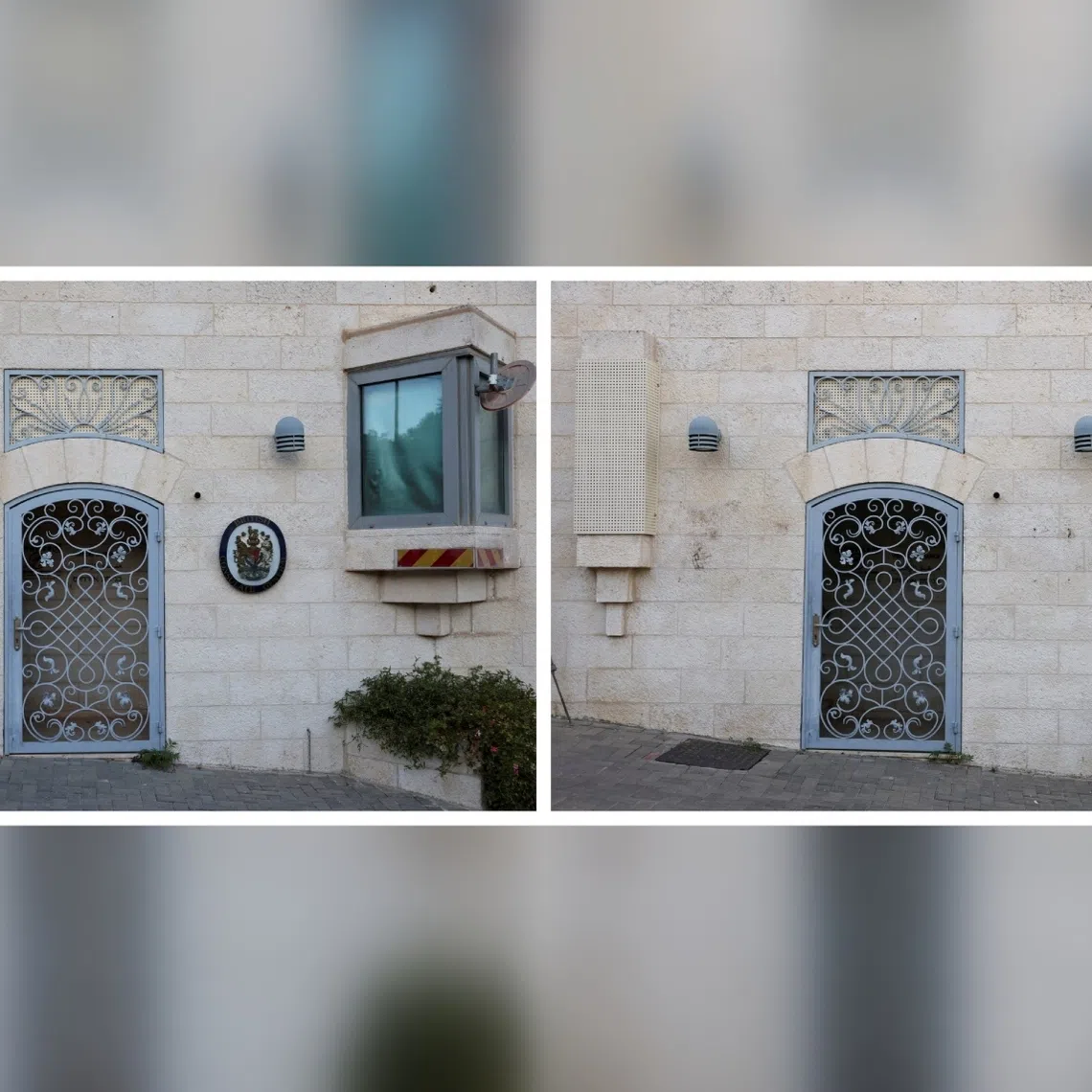 The British consulate in East Jerusalem seen on Sept 9 (left), and with signage removed on Oct 8.