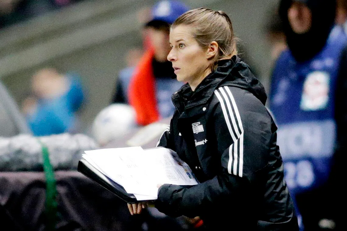 Soccer Football - Champions League - Group C - S.C. Braga v 1. FC Union Berlin - Estadio Municipal de Braga, Braga, Portugal - November 29, 2023 1. FC Union Berlin interim joint assistant manager Marie-Louise Eta becomes the first senior female coach to be actively involved in a men's Champions League match REUTERS/Miguel Vidal