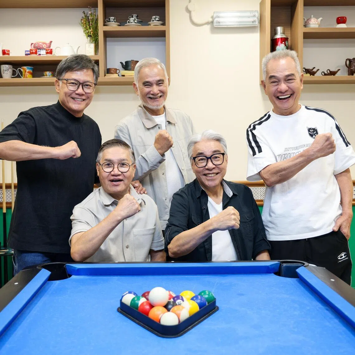 Singaporean actors (clockwise from top left) Wang Yuqing, Zhu Houren, Richard Low, Chen Shucheng and Li Wenhai at a screening session for Old & Dangerous on July 13.