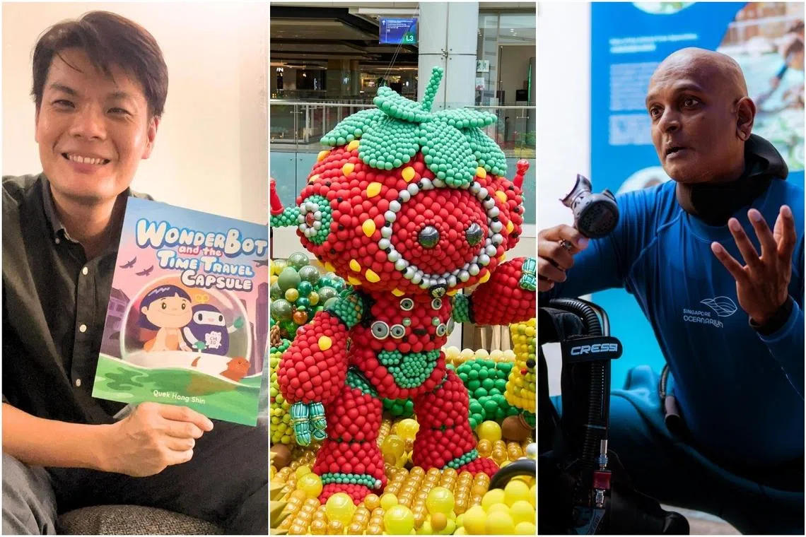 (From left) WonderBot And The Time Travel Capsule by local author Quek Hong Shin, the annual balloon festival at Marina Square and Little Ocean Expert series at the Ocean Kids Festival.