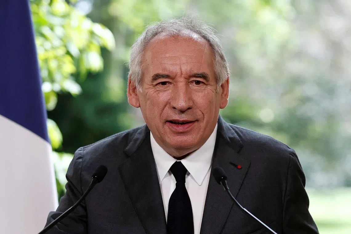 French Prime Minister Francois Bayrou speaks during a press conference following meetings with unions and employers after pension talks collapsed, at the Hotel Matignon in Paris, France, June 26, 2025. REUTERS/Benoit Tessier