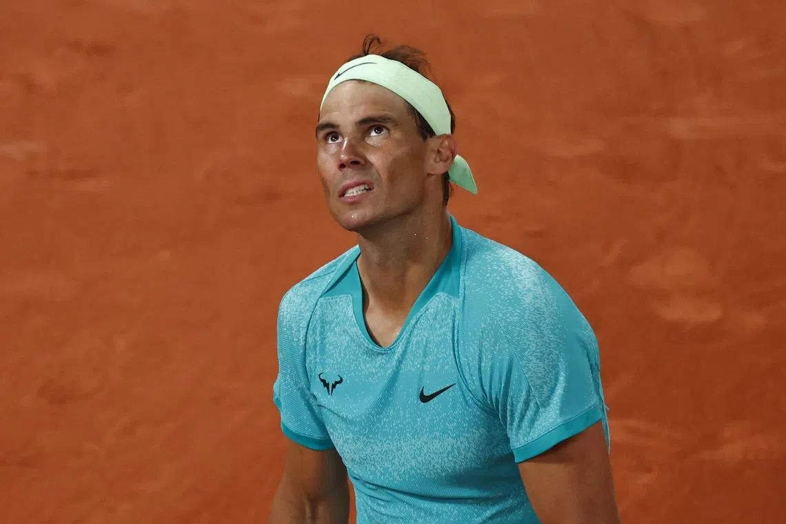 Spain's Rafael Nadal reacting during his French Open first-round loss against Germany's Alexander Zverev on May 27.