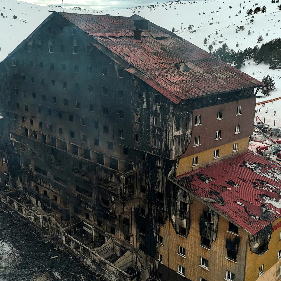 FILE PHOTO: A drone view shows the aftermath of a fire at a hotel in the ski resort of Kartalkaya in Bolu, Turkey, January 21, 2025. REUTERS/Murad Sezer/File Photo