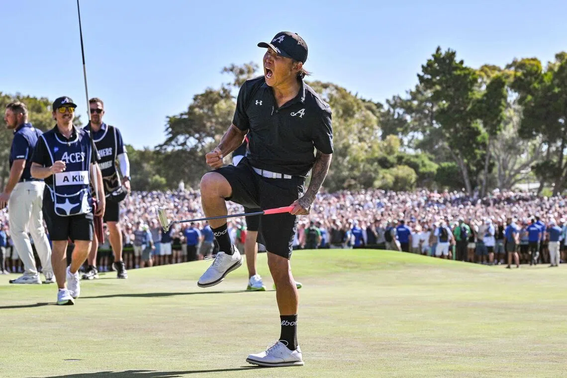 4Aces GC player Anthony Kim from the US celebrating after he won the LIV Golf Adelaide tournament at The Grange Golf Club in Adelaide on Feb 15, 2026.