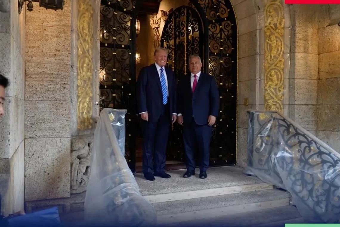 FILE PHOTO: Hungarian Prime Minister Viktor Orban meets Donald Trump in Palm Beach, Florida, U.S., in this screen grab obtained from a social media video released July 12, 2024. Viktor Orban via Facebook/Handout via REUTERS/File photo