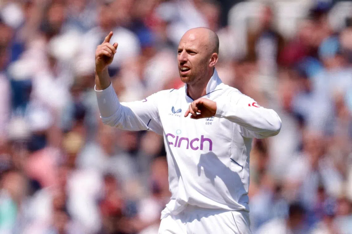 FILE PHOTO: Cricket - England v Ireland - Lord's Cricket Ground, London, Britain - June 1, 2023 England's Jack Leach celebrates after taking the wicket of Ireland's Lorcan Tucker Action Images via Reuters/Andrew Couldridge/File Photo