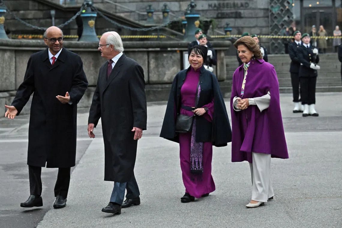 President Tharman Shanmugaratnam and Mrs Jane Ittogi Shanmugaratnam along with King Carl XVI Gustaf and Queen Silvia in Sweden on Oct 21.