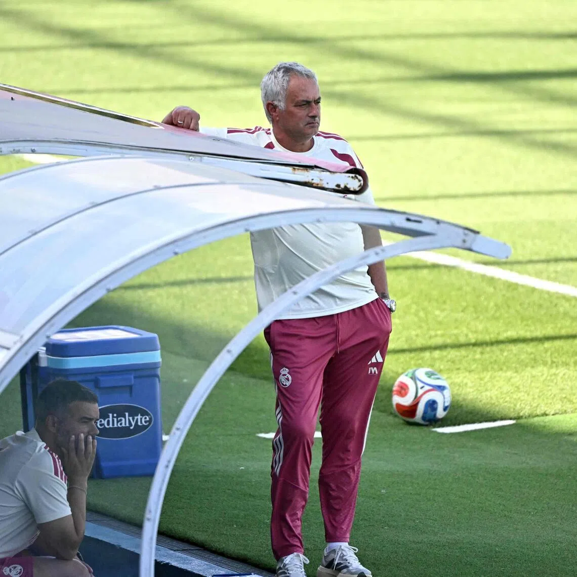 Real Madrid’s Portuguese coach Jose Mourinho leading a training session at the Alfredo di Stefano Stadium in Valdebebas, on the outskirts of Madrid, on July 24.