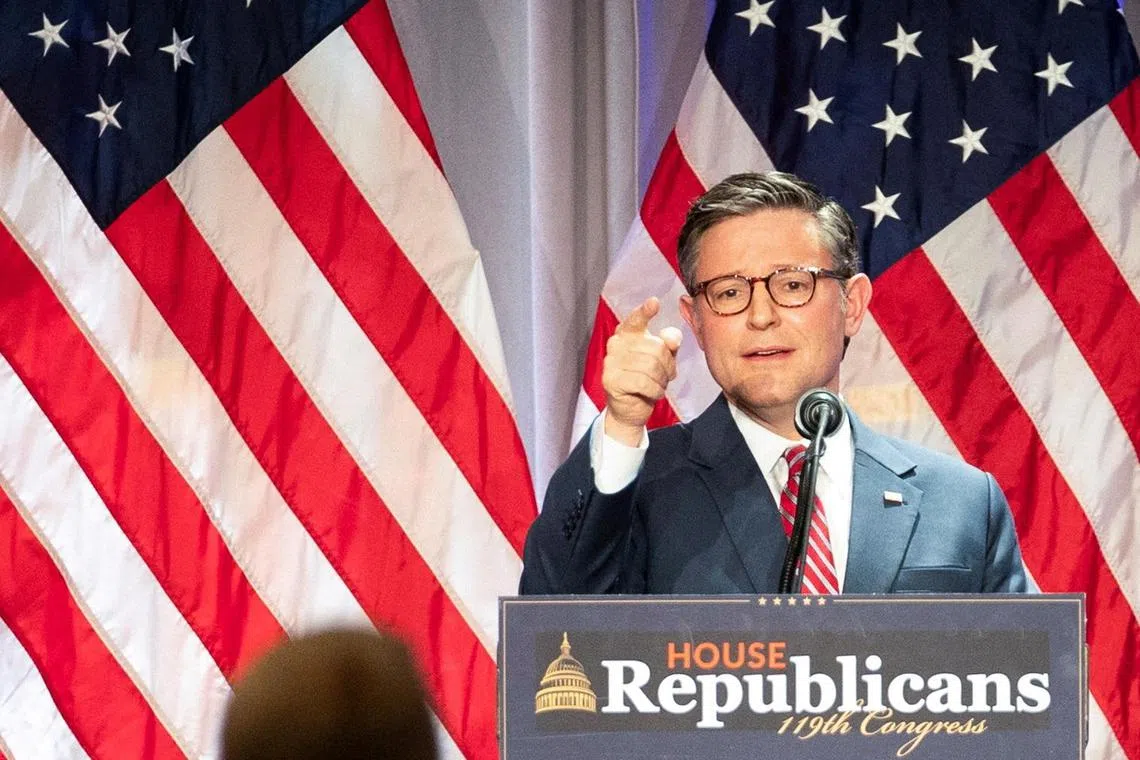 US Speaker of the House Mike Johnson speaking during a meeting with House Republicans in Washington, on Nov 13.