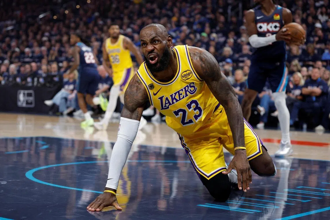 Los Angeles Lakers forward LeBron James reacts after a play against the Oklahoma City Thunder in the first half during Game 2.