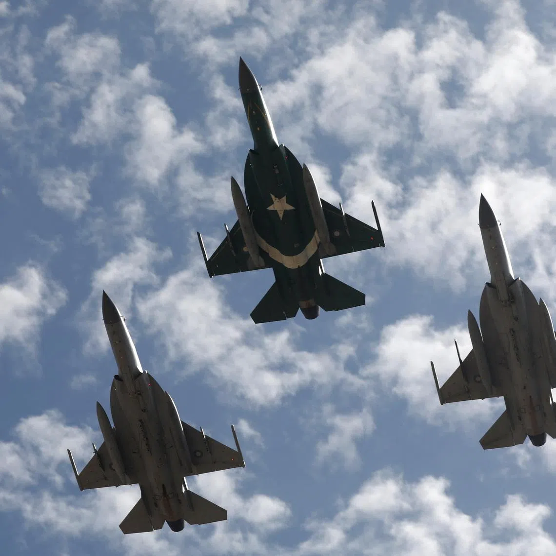 Pakistan Air Force (PAF) JF-17 Thunder jets perform during an air show in Karachi, Pakistan February 27, 2020. REUTERS/Akhtar Soomro