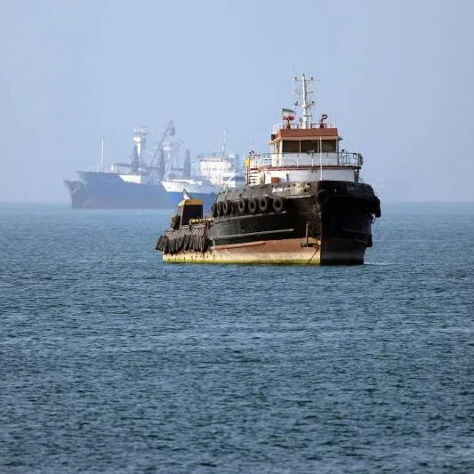 The Iran-flagged tugboat Basim sails near a ship anchored in the Strait of Hormuz off Bandar Abbas in southern Iran. 