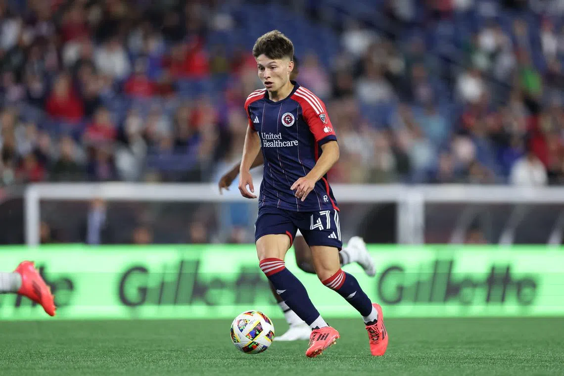 FILE PHOTO: Oct 5, 2024; Foxborough, Massachusetts, USA; New England Revolution forward Esmir Bajraktarevic (47) possesses the ball during the second half against D.C. United at Gillette Stadium. Mandatory Credit: Paul Rutherford-Imagn Images
