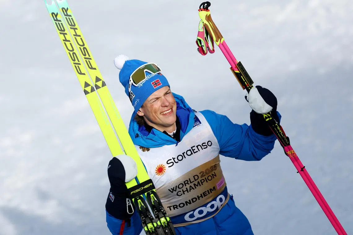 FILE PHOTO: Nordic Skiing - FIS Nordic World Ski Championships - Trondheim, Norway - March 8, 2025 Norway's Johannes Hoesflot Klaebo celebrates after winning the Men's 50km Mass Start Free REUTERS/Kai Pfaffenbach/File Photo