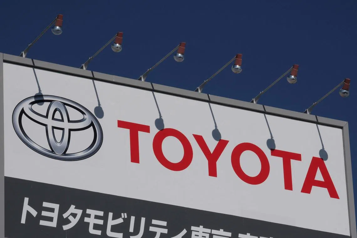 The logo of Japan's Toyota Motor is displayed at a dealership in Tokyo on February 9, 2022. (Photo by Kazuhiro NOGI / AFP)