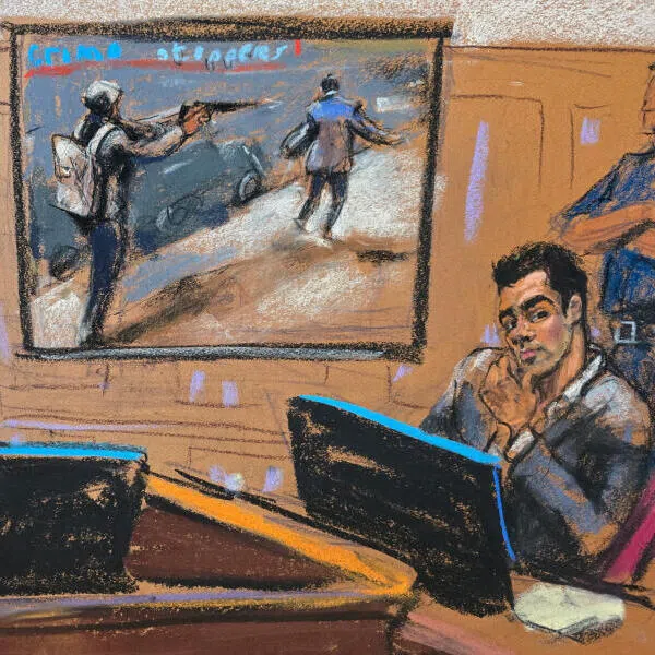 A video sketch showing Luigi Mangione (right) and a police officer testifying about a video depicting the shooting at the murder trial in New York City.