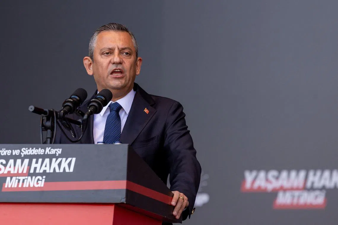 FILE PHOTO: Main opposition Republican People's Party (CHP) leader Ozgur Ozel speaks during his party's Right to Live Against Terrorism and Violence Rally in Istanbul, Turkey October 27, 2024. REUTERS/Umit Bektas/File Photo