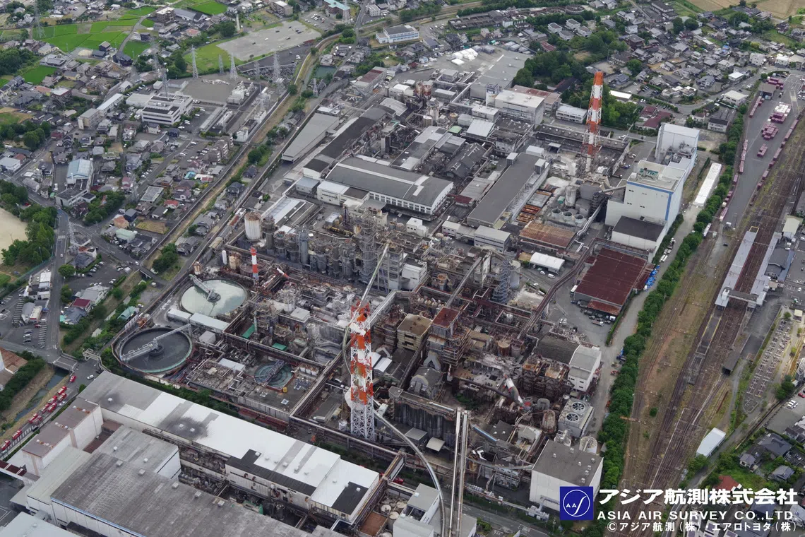 An aerial view on July 29 shows damage at a paper mill, after an earthquake with a magnitude of 7.1 struck Japan’s southern Kumamoto prefecture a day earlier.