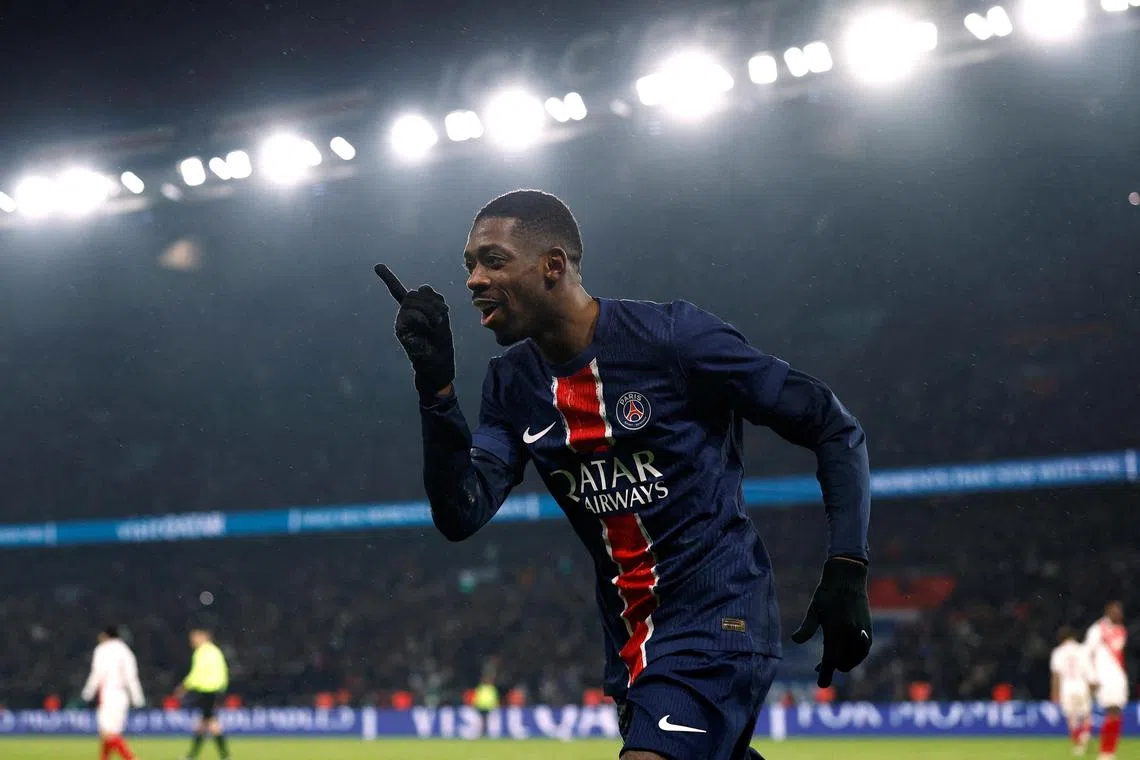 Paris Saint-Germain attacker Ousmane Dembele celebrating the first of his two goals in the 4-1 in Ligue 1 win over AS Monaco on Feb 7. He has 16 goals in his last 10 appearances, and an astonishing eight in his last three matches.