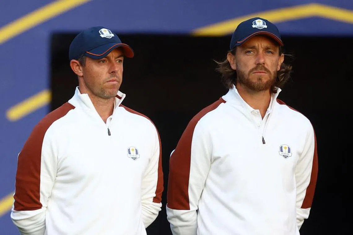 Golf - The 2023 Ryder Cup - Marco Simone Golf &amp; Country Club, Rome, Italy - September 30, 2023  Team Europe's Rory McIlroy and Team Europe's Tommy Fleetwood on the 1st hole during the Foursomes REUTERS/Carl Recine
