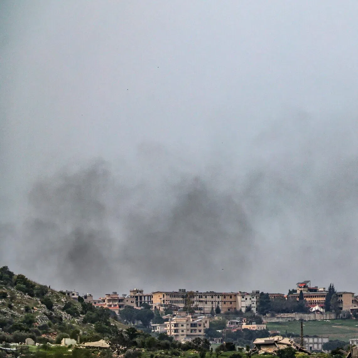 Smoke rising after an Israeli airstrike in the southern Lebanese village of Bint Jbeil on April 15.