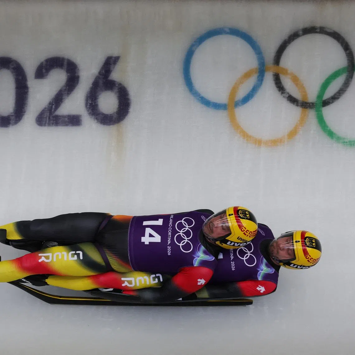 Milano Cortina 2026 Olympics - Luge - Men's Doubles Official Training Run 3 - Cortina Sliding Centre, Cortina d'Ampezzo, Italy - February 09, 2026.  Tobias Wendl and Tobias Arlt of Germany in action during training REUTERS/Athit Perawongmetha