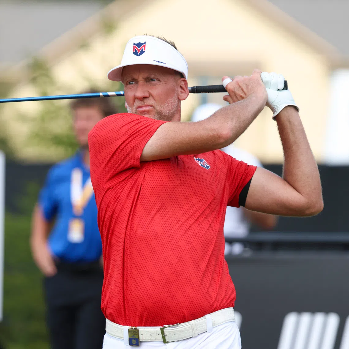 Ian Poulter tees off during the second round of the LIV Golf Indianapolis tournament at The Club at Chatham Hills.